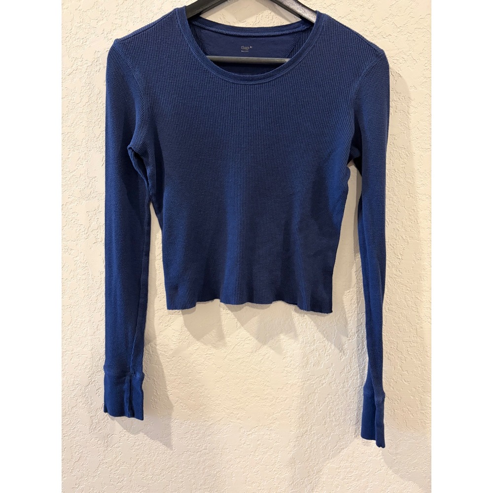Gap Navy Blue Waffle Knit Thermal Long Sleeve Cropped Crewneck Top Medium